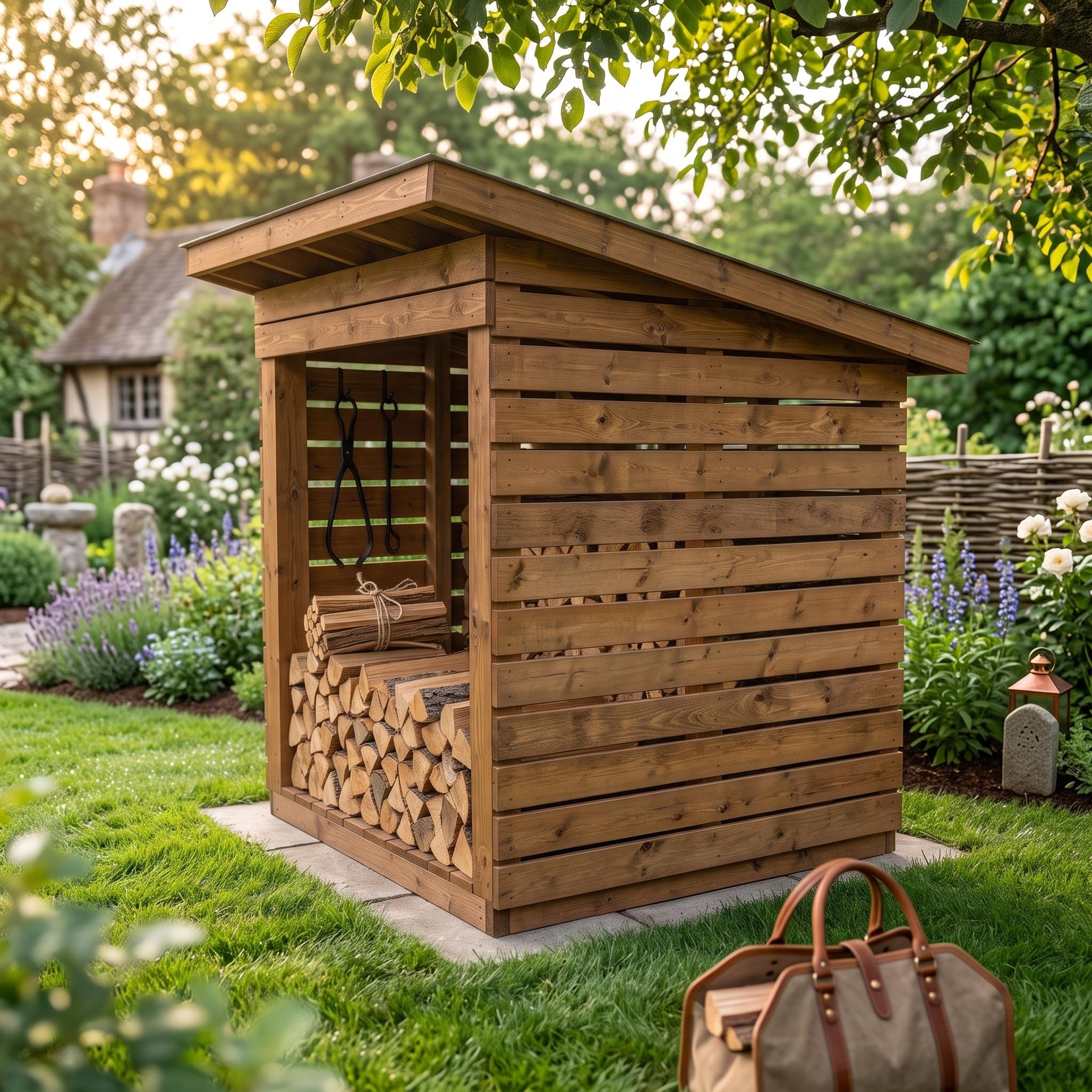 Modern Slatted Firewood Shed Plans — Step-by-step 3D assembly diagram