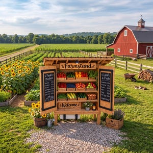 May include: A wooden farmstand structure featuring three shelves stocked with fresh produce, including tomatoes, cucumbers, peppers, berries, and corn. The stand has black chalkboard signs labeled Farmstand, Fresh Produce, and Local & Fresh.