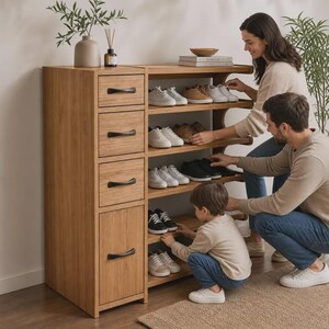 May include: A light oak wood storage unit featuring four stacked drawers with black handles on the left side and five open shelves on the right side for shoe storage. The unit has a vertical orientation with a natural wood grain finish.