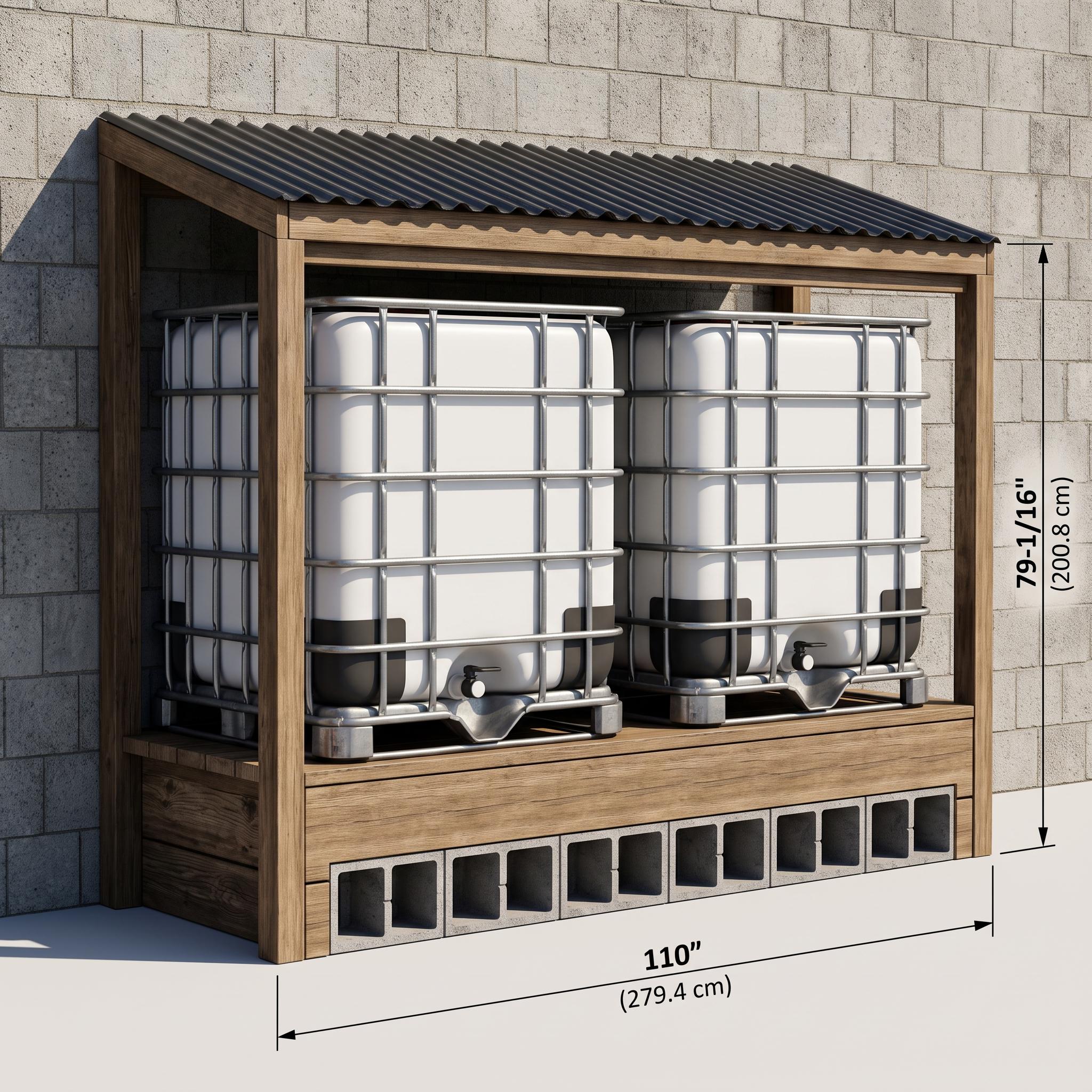 DIY Rainwater Collection System Plans | IBC Tote Enclosure Blueprint (PDF Download) — Step-by-step 3D assembly diagram