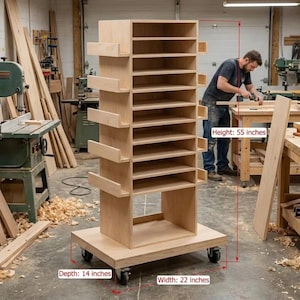 K&ouml;nnte beinhalten: Eine Aufbewahrungseinheit aus hellem Holz mit mehreren horizontalen Regalb&ouml;den und seitlichen Ablagen, montiert auf vier Lenkrollen. Die Einheit misst 139,7 cm in der H&ouml;he, 55,88 cm in der Breite und 35,56 cm in der Tiefe, laut Beschriftung.
