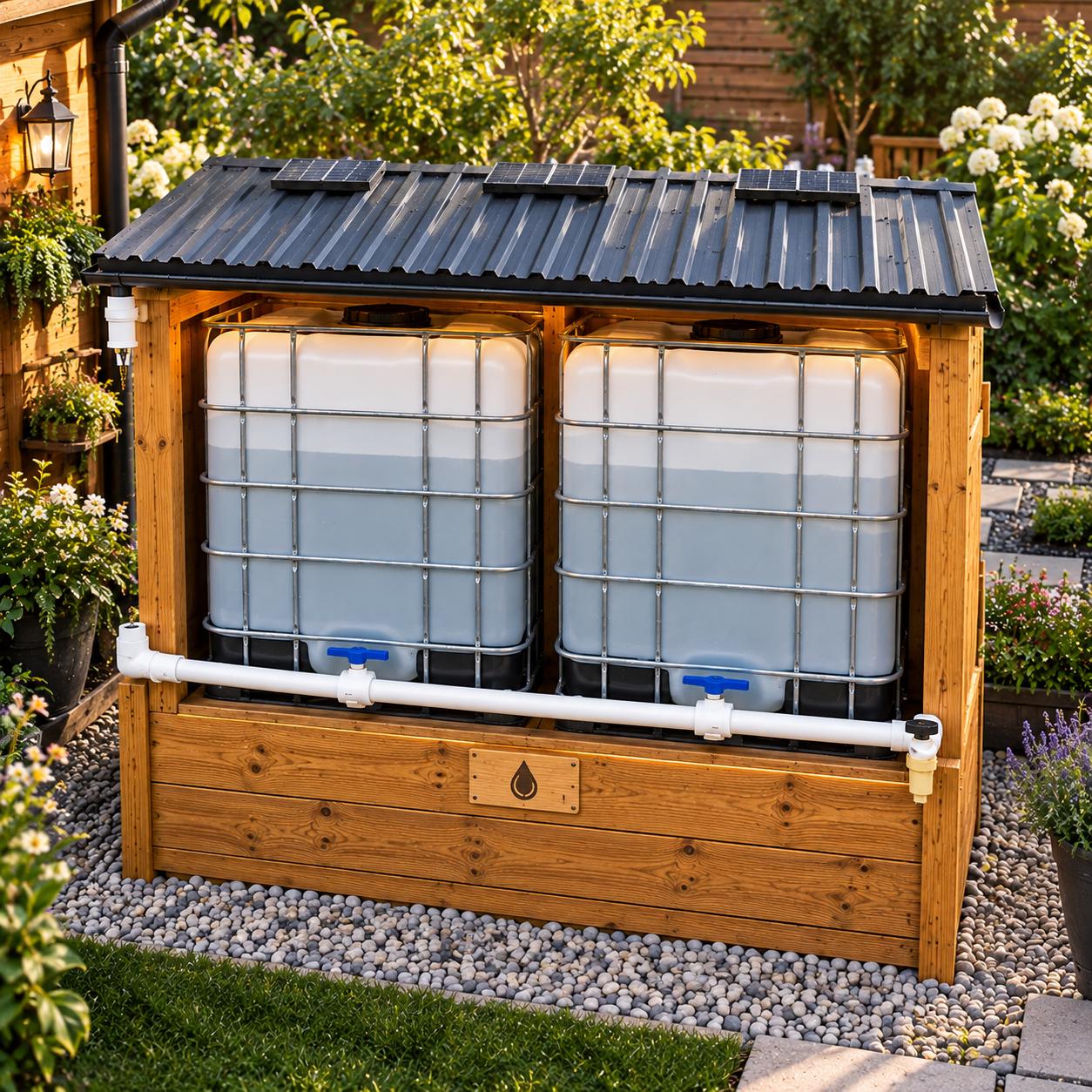 DIY Rainwater Collection System Plans | IBC Tote Enclosure Blueprint (PDF Download) — Finished build photo