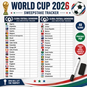 Pu&ograve; includere: Un tabellone per il sorteggio della World Cup 2026 con due colonne di 48 bandiere nazionali e nomi delle squadre. Include l'icona di un trofeo dorato, un pallone da calcio, un pennarello cancellabile e una gomma. Testo: "WORLD CUP 2026".