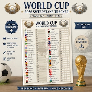 May include: A World Cup 2026 sweepstake tracker document featuring a list of countries with their national flags and blank boxes for recording scores. The design includes a globe graphic, football icons, and text labels for A4 or US letter size.