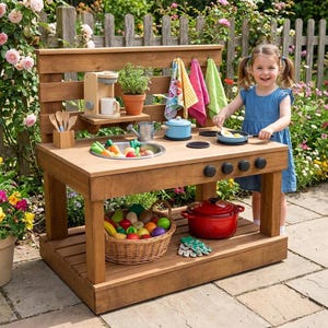Peut inclure: Une cuisine extérieure en bois avec évier, cuisinière et accessoires. Comprend une cafetière, des casseroles, des poêles et un panier de fruits et légumes jouets. Une jeune enfant joue avec l'ensemble de cuisine dans un jardin.