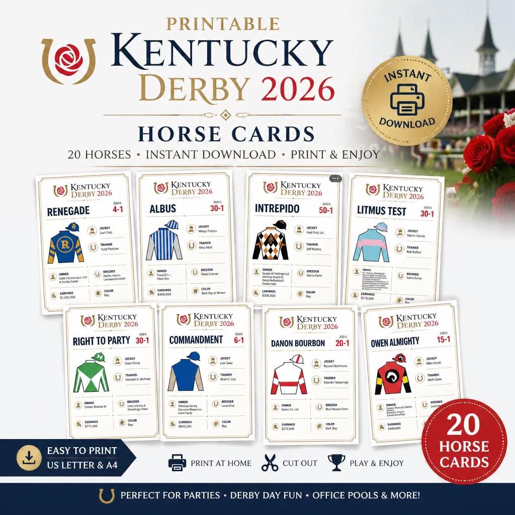 Kentucky Derby 2026 Horse Cards – Jockey Silks Roster PDF (Digital Download)