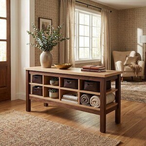 May include: A wooden console table with a light-coloured top and dark brown frame. It features open shelves with storage baskets, books, and rolled towels. A vase with greenery and a decorative bowl sit on top. The table is in a well-lit room.