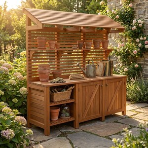 K&ouml;nnte beinhalten: Ein h&ouml;lzerner Pflanztisch mit Lattenr&uuml;ckwand und Dach, auf dem Terrakottat&ouml;pfe auf Regalen stehen. Die Werkbank hat einen Unterschrank mit T&uuml;ren, ein Regal mit einem Korb und eine obere Fl&auml;che mit Gartenger&auml;ten und B&uuml;chern.