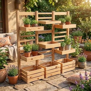Op de afbeelding: Een houten plantenstandaard met meerdere planken en bakken, ideaal voor het tentoonstellen van kruiden en bloemen in potten. De standaard is gemaakt van lichtgekleurd hout en is ontworpen voor gebruik buitenshuis. Er zijn verschillende terracotta potten met groene planten zichtbaar.