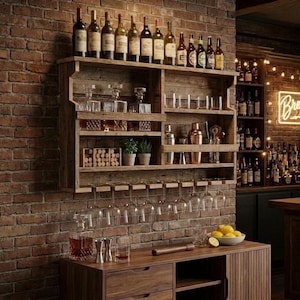 Puede incluir: Un bar r&uacute;stico de madera contra una pared de ladrillo. Cuenta con una estanter&iacute;a de pared con botellas de vino, cristaler&iacute;a y herramientas de bar. Debajo, un mueble de madera contiene limones y una jarra.