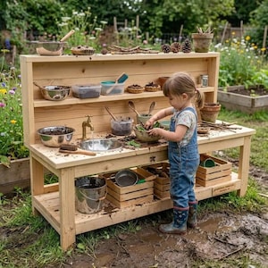 May include: A wooden outdoor play kitchen with a stainless steel sink, bowls, and various accessories. A young child is playing with leaves and mud. The play kitchen has shelves and storage crates, perfect for imaginative play.