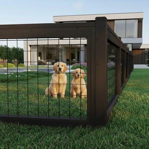 May include: Two golden retriever puppies sit within a dark brown wooden fence with a wire mesh. The fence is on a green lawn in front of a modern house. The dogs are looking at the camera.
