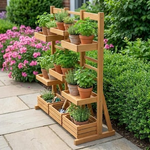 Op de afbeelding: Een houten plantenstandaard met meerdere planken en bakken, gevuld met diverse kruiden in potten. De standaard is gemaakt van lichtgekleurd hout en staat buiten, omringd door groen en roze bloemen. De standaard is ongeveer 152 cm hoog.