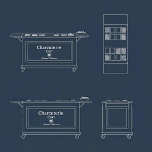 Pode incluir: Desenho linear de um carrinho de charcutaria com o texto "Charcuterie Cart Gourmet Selections". O carrinho tem uma superf&iacute;cie de servi&ccedil;o, uma &aacute;rea de exposi&ccedil;&atilde;o e rodas. Uma vista lateral de uma vitrine tamb&eacute;m &eacute; mostrada.