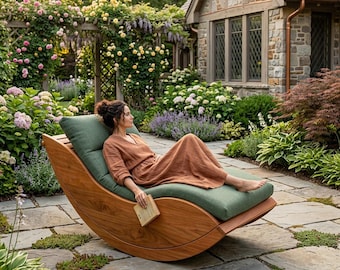 May include: A curved wooden rocking lounge chair with a thick, sage green upholstered cushion. The chair features a smooth, natural wood grain finish and a deep, reclined seat design, providing a comfortable surface for resting outdoors.