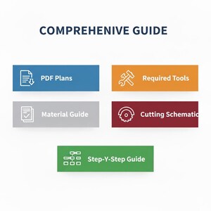 May include: A graphic with the text "COMPREHENSIVE GUIDE" and several coloured rectangles. Each rectangle contains text and an icon: "PDF Plans," "Required Tools," "Material Guide," "Cutting Schematic," and "Step-Y-Step Guide."