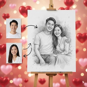 May include: A pencil sketch of a smiling couple embracing, displayed on a wooden easel. Two smaller photos of the individuals are shown to the left. The background features red and pink heart-shaped balloons.