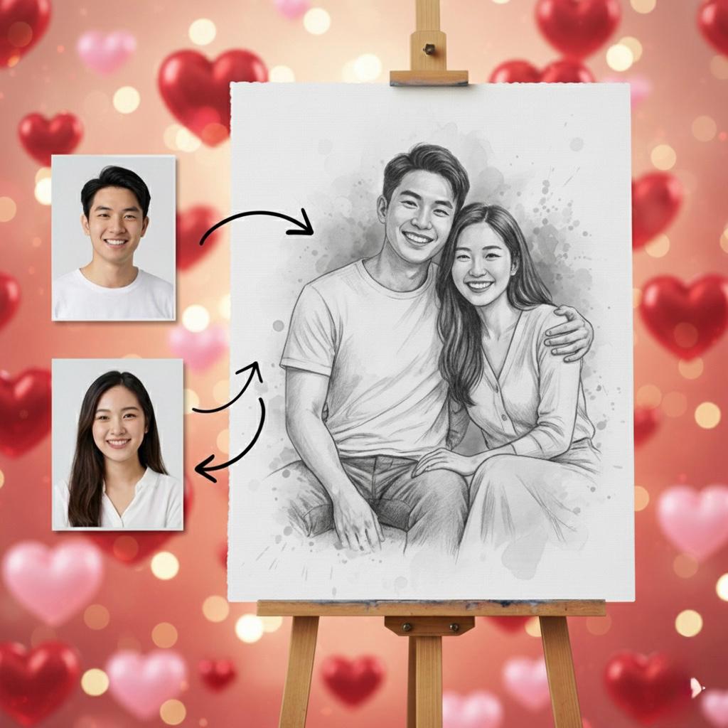 Custom Couple Portrait – Romantic Pencil Sketch, Valentine's Gift (Digital Download)