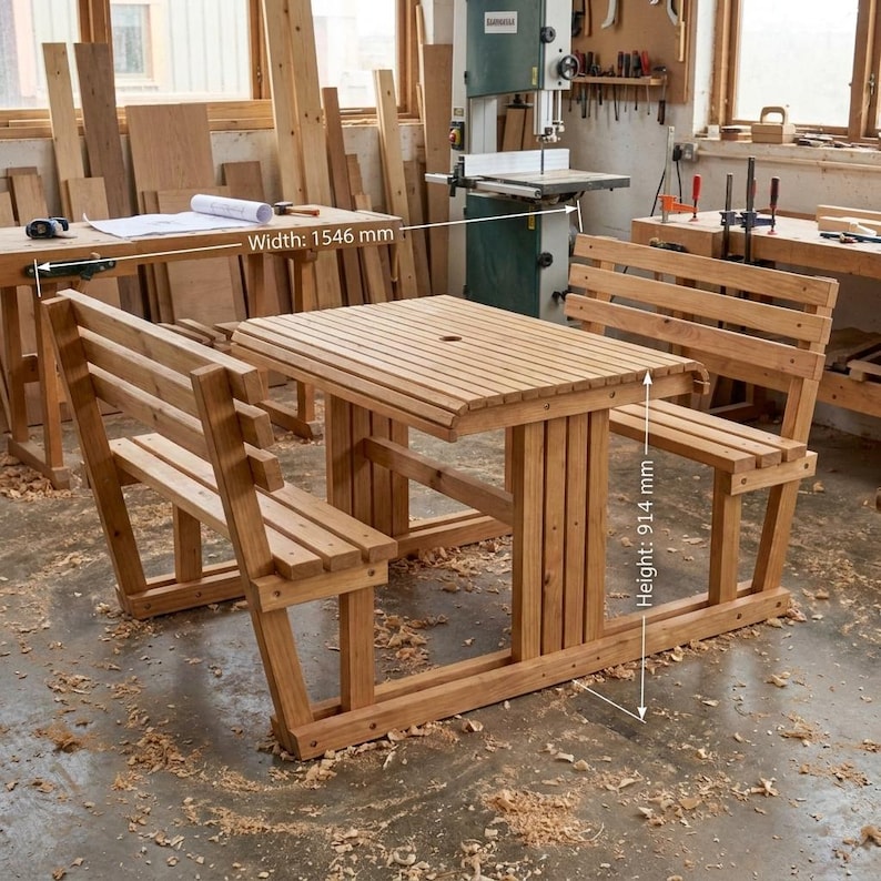 DIY DIY Picnic Table Plans | Outdoor Table with Backrest, Umbrella Hole (PDF Download) Woodworking Blueprint - Step-by-Step Plan thumbnail 2