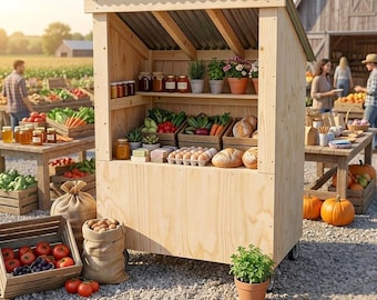 May include: A wooden farm stand with a corrugated metal roof displays fresh produce. Crates hold tomatoes, grapes, and vegetables. Jars of preserves, eggs, bread, and potted plants are also visible. A rural scene with people shopping.