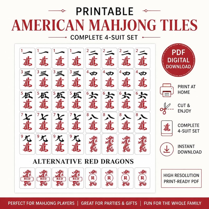 DIY Printable American Mahjong Tiles PDF | NMJL Practice Set Color & Black White | Digital Mah Jongg Tile Download | Bulk Cut Woodworking Blueprint - Step-by-Step Plan thumbnail 3