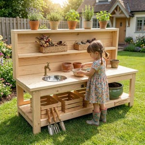 Puede incluir: Una cocina de juegos de exterior de madera con un fregadero de acero inoxidable, un grifo y estantes de almacenamiento. Un niño juega con un cuenco y una cuchara. Hay plantas en macetas y herramientas de jardinería cerca.