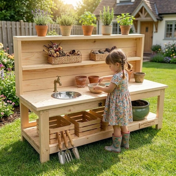 Cuisine Extérieure Enfant Boueuse Avec Auvent - Outils Jardinage, Pot Fleurs, Réservoir Eau Amovible