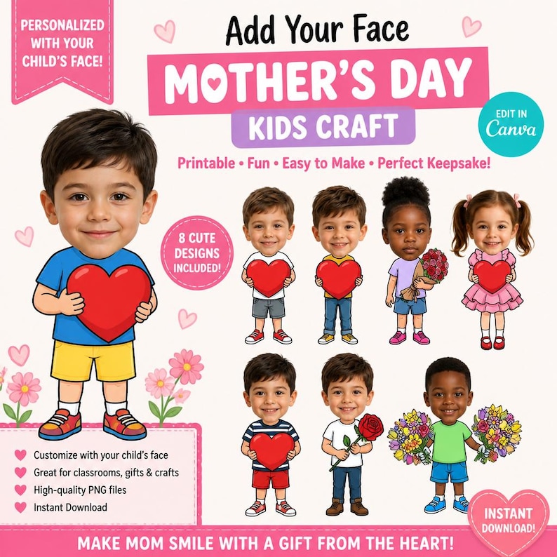 DIY Add Your Face Mothers Day Kids Craft | Printable Bulletin Board Decor, Personalized Activity, Canva Template, Preschool Kindergarten PNG Woodworking Blueprint - Step-by-Step Plan thumbnail 1