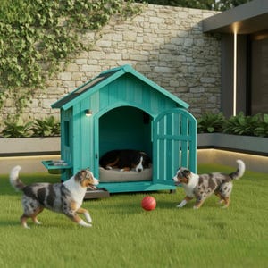 May include: A teal wooden dog house with a matching door and a small side table for food and water bowls. Two dogs play on the green grass in front of the house, while a third dog rests inside. A red ball sits on the grass.