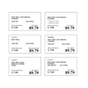 May include: A collection of white price tags with black text. The tags display "HOT DOG AND DRINK COMBO" with varying weights and prices. One tag mentions a Playstation 5 console. The price per pound is $1.728, and the sell price is $89.79.