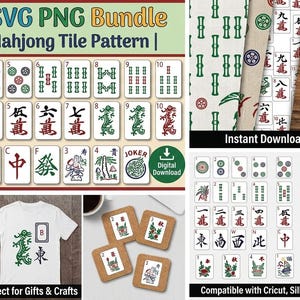 May include: A digital bundle featuring American Mahjong tile patterns in SVG and PNG formats. The image includes various tiles, a tote bag, a t-shirt, and coasters with Mahjong designs. Text includes "Mahjong SVG PNG Bundle" and "Perfect for Gifts & Crafts."