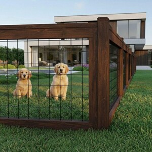 May include: Two golden retriever puppies sit behind a dark brown wooden fence with black wire mesh. The puppies have light brown fur. A modern house with large windows is in the background. The scene is set on a green lawn.