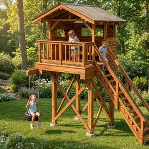 Op de afbeelding: Een houten speelhuisje met een schuin dak, een ladder en een bandenschommel. Twee kinderen zijn op het speelhuisje en &eacute;&eacute;n is aan het schommelen. Het speelhuisje staat in een grasrijke tuin, omringd door bomen en bloemen.