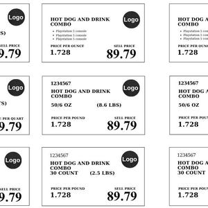 K&ouml;nnte beinhalten: Eine Sammlung wei&szlig;er Preisschilder mit schwarzem Text. Die Schilder zeigen "HOT DOG AND DRINK COMBO" mit verschiedenen Gewichten und Mengen, einschlie&szlig;lich "50/6 OZ" und "8.6 LBS". Jedes Schild enth&auml;lt ein "Logo"-Grafik und einen Preis pro Einheit und Verkaufspreis.