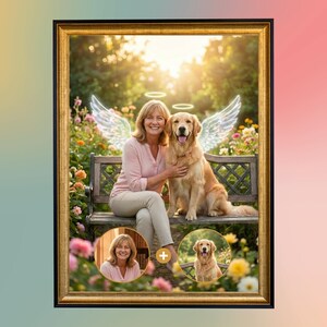 K&ouml;nnte beinhalten: Ein gerahmtes Portr&auml;t zeigt eine Frau und einen Golden Retriever, die auf einer Bank in einem Garten sitzen. Die Frau tr&auml;gt ein rosa Hemd und eine beige Hose. Der Hund hat Engelsfl&uuml;gel und einen Heiligenschein. Zwei kleinere Portr&auml;ts befinden sich in den unteren Ecken.