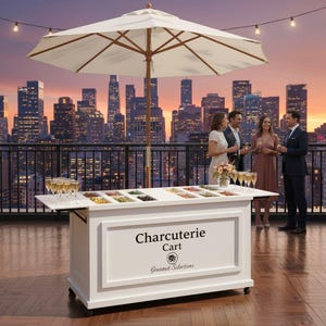 May include: A white charcuterie cart with a built-in serving area, topped with various food items. The cart has the words "Charcuterie Cart" and "Gourmet Selections" printed on the front. An open white umbrella provides shade, and a city skyline is in the background.