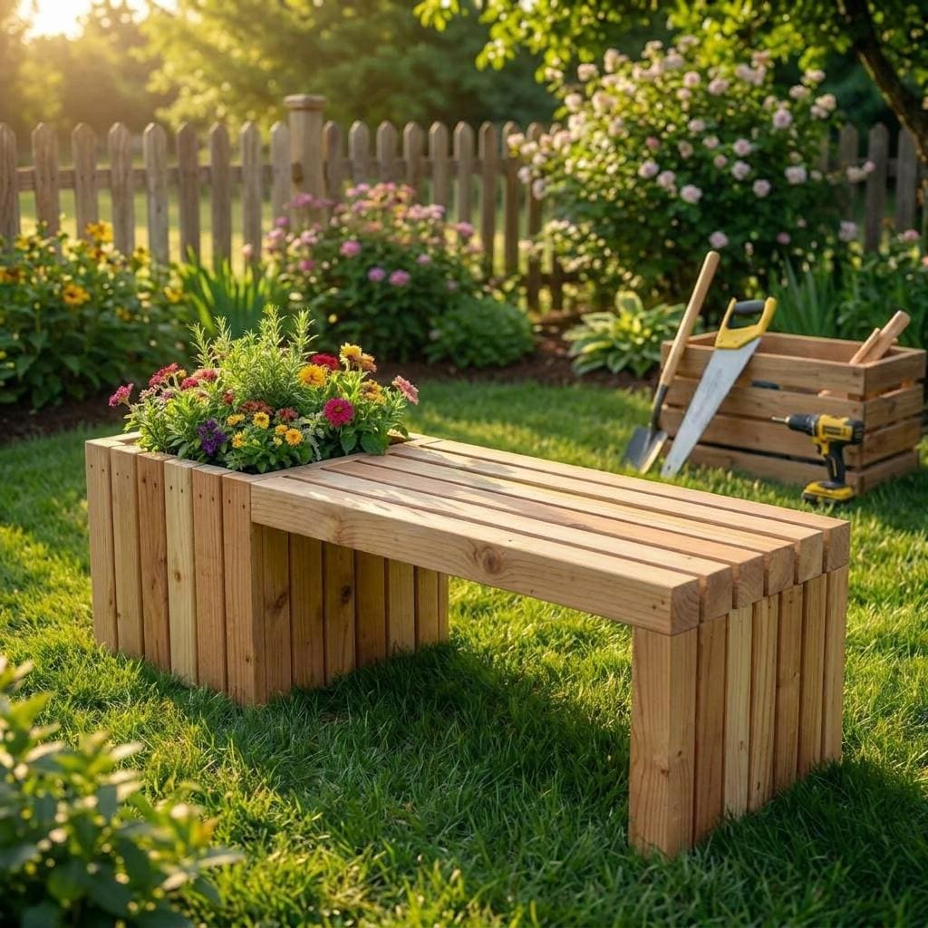 Planter Bench Woodworking Plans | Slatted Outdoor Seating Blueprint (PDF Download)