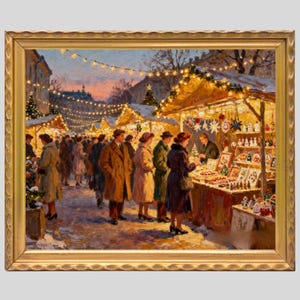 Pu&ograve; includere: Dipinto a olio raffigurante un vivace mercatino di Natale. Le persone sfogliano le bancarelle adornate con ornamenti e luci. L'opera d'arte utilizza colori caldi per catturare l'atmosfera festosa di una serata invernale. Il dipinto &egrave; incorniciato in una cornice dorata.