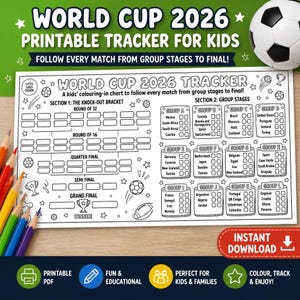 Pu&ograve; includere: Un tabellone stampabile in bianco e nero per il monitoraggio della Coppa del Mondo 2026 per bambini, con un tabellone a eliminazione diretta dagli ottavi alla finale e una sezione per le fasi a gironi con caselle per i punteggi.