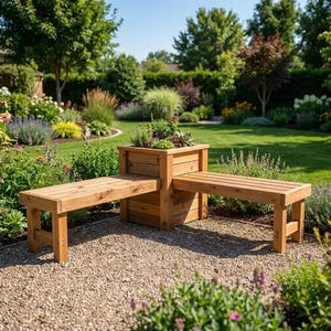 May include: A wooden garden bench with a built-in planter box. The bench is made of light brown wood and has two seating areas on either side of the planter. The planter is filled with various green plants and flowers, and the bench is set on a gravel surface.