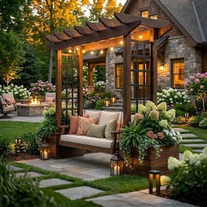 Puede incluir: Un columpio de madera con techo de p&eacute;rgola, adornado con luces de cadena, est&aacute; rodeado de exuberante vegetaci&oacute;n y plantas con flores. El columpio tiene cojines beige y almohadas decorativas. Faroles y un sendero de piedra realzan el jard&iacute;n.