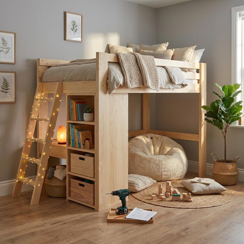 DIY DIY Full Size Loft Bed Plans | Built-In Stair Shelves & Storage Woodworking Blueprint PDF Woodworking Blueprint - Step-by-Step Plan thumbnail 1