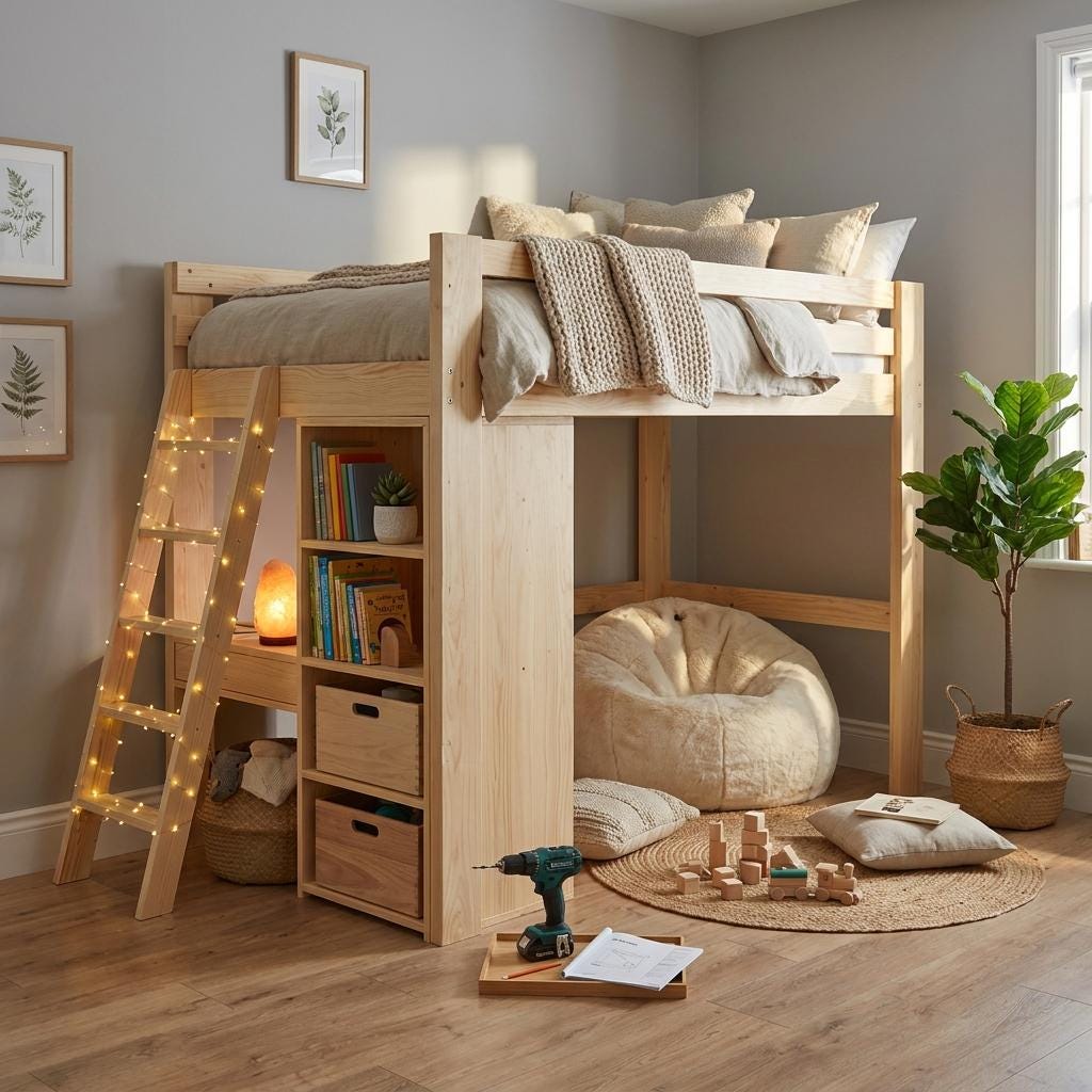 DIY Full Size Loft Bed Plans | Built-In Stair Shelves & Storage Woodworking Blueprint PDF