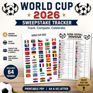 Pu&ograve; includere: Un set di tracker per scommesse World Cup 2026 in PDF stampabile con due fogli che mostrano bandiere nazionali ed elenchi di squadre. Il design include il testo World Cup 2026 Sweepstake Tracker, Track. Compete. Celebrate. e Global Football Showdown.