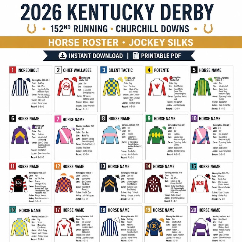 DIY 2026 Kentucky Derby Race Lineup & Jockey Silks – Party Printables (Digital Download PDF) Woodworking Blueprint - Step-by-Step Plan thumbnail 2