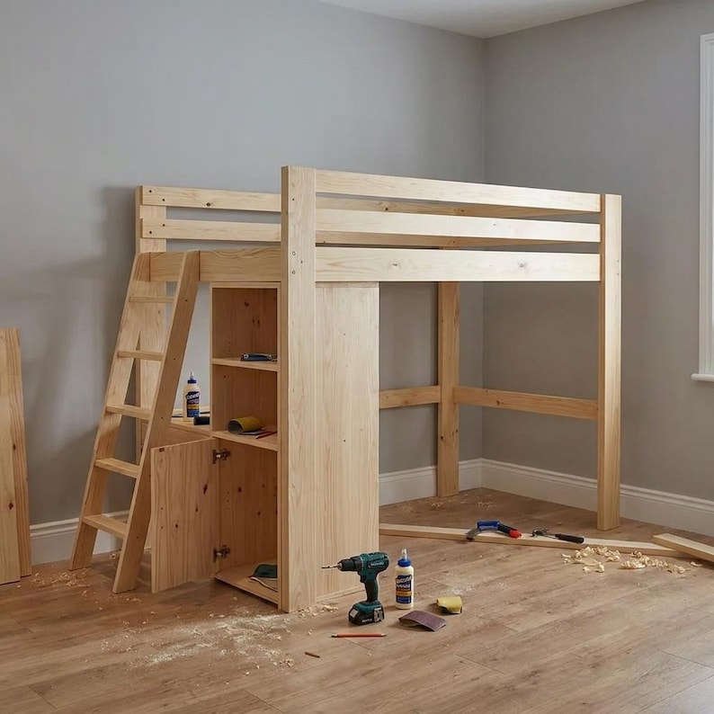 DIY DIY Full Size Loft Bed Plans | Built-In Stair Shelves & Storage Woodworking Blueprint PDF Woodworking Blueprint - Step-by-Step Plan thumbnail 3