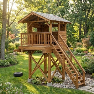 Puede incluir: Una casa en el árbol de madera con una escalera y un columpio de neumáticos en un exuberante jardín verde. La casa en el árbol tiene un pequeño balcón y un techo inclinado. La estructura está sostenida por vigas de madera y rodeada de árboles y flores.