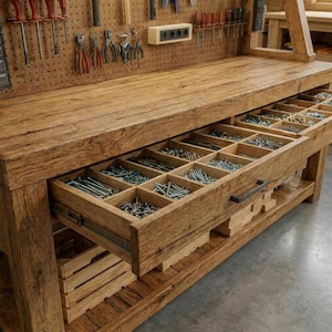 Op de afbeelding: Een rustieke houten werkbank met een open lade gevuld met diverse schroeven, bouten en hardware. De werkbank heeft een pegboard achterkant met gereedschap eraan. Het hout heeft een natuurlijke, verouderde uitstraling.