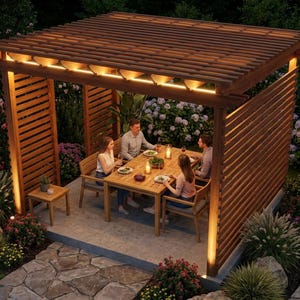 May include: A wooden pergola with a slatted roof and integrated lighting, creating an outdoor dining area. A rectangular wooden table is set for four people, surrounded by chairs. The scene is lit by warm lights, with abundant greenery in the background.