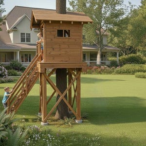 Op de afbeelding: Een houten boomhut met een schuin dak en een klein raam is gebouwd rond een boomstam. Een houten trap leidt naar de boomhut. Twee kinderen zijn zichtbaar op de boomhut en de trap. De boomhut staat in een grasveld.